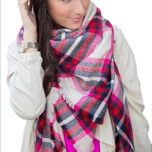 Express plaid scarf women’s pink red black cream - Picture 1 of 12